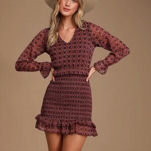Lulus Smocked Dress Burgundy Geo Multi Print Long Sleeve Flare Ruffle Sz M